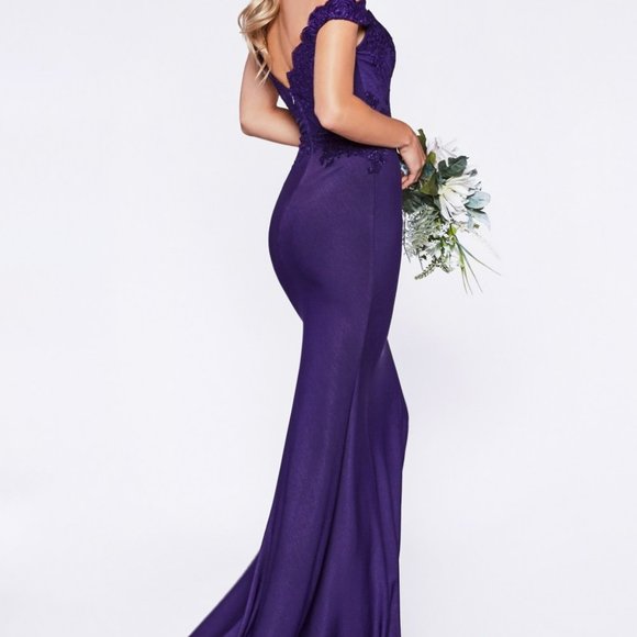 Purple Off The Shoulder Tullelace Appliques Evening Dress Slit Mermaid Party Dress cc2442